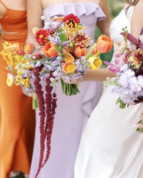 Colorful Bouquet Hoco, Bridesmaids With Bright Bouquets, Bright Flower Bouquet Prom, Bright Colorful Bouquet Brides, Bright Cascade Wedding Bouquet, Wedding Palettes, Funky Flowers, Colorful Wedding Bouquet, Funky Wedding