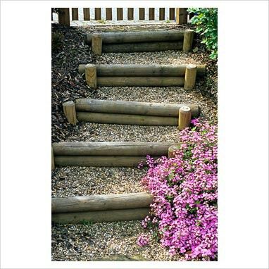 Log and gravel stair case Log Stairs Outdoor, Log Steps, Backyard Dog Area, Small Backyard Decks, Landscape Stairs, Landscaping On A Hill, Sloped Backyard, Garden Stairs, Outdoor Steps