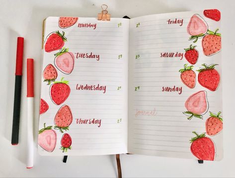 Cherry Bullet Journal, Bujo Strawberry Theme, Strawberry Bujo, Strawberry Bullet Journal, Strawberry Journal, Bullet Journal Monthly Spread, Bullet Journal Ideas Templates, Creating A Bullet Journal, Bullet Journal Mood Tracker Ideas