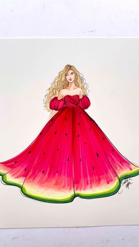 Croquis With Dresses, Hnicholsillustration Illustration, Drawing Of Dresses, Cute Dress Drawing, Dress Art Drawing, Easy Designs To Draw, Drawing Tutorials Step By Step, Watermelon Sketch, Hnicholsillustration Fashion