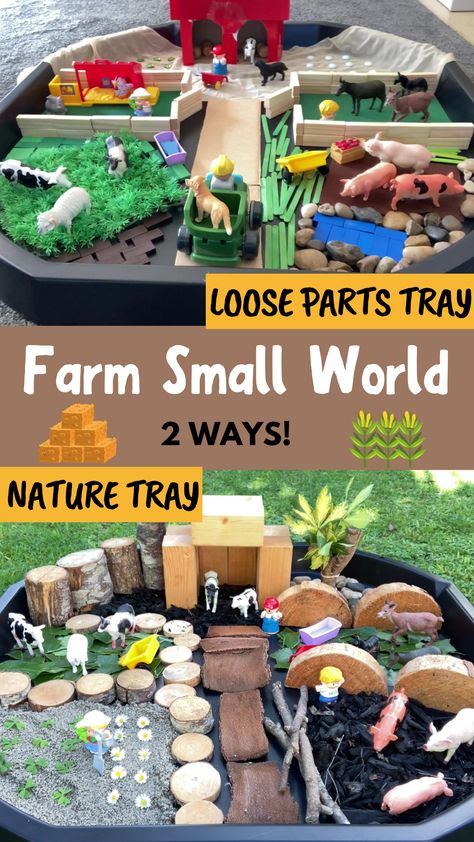 Craft a delightful farm small world with these two simple ideas! Our first approach utilizes everyday household items and loose parts for a creative setup. The second idea embraces nature's treasures, elevating the tactile experience of your farm scene. Dive into the outdoors for this one! Let these ideas spark your imagination, inspiring a captivating farm small world for your young adventurer. Small World Farm Ideas, Farm Small World Play, Farm Set Up, Farm Pretend Play, Kindy Classroom, Farm Play, Orange Blanket, Preschool Fall, Tuff Tray