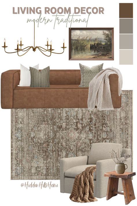 Living room decor mood board with a leather sofa! This living room has sage green and gray accents Gray Green Living Room Ideas, Rustic Living Room Color Scheme, Leather Sofa Mood Board, Leather Sofa With Fabric Chairs, Gray And Camel Living Room, Caramel Couch Living Room, Caramel Sofa Living Room Ideas, Caramel Couch, Tilly Upholstered Bed