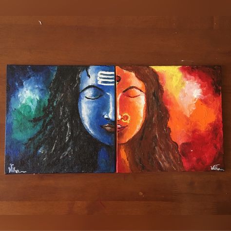 Ardhanarishvara 😍 Shiva and Parvati done on two different canvas. Ardhanarishvara Shiva Shakti Painting, Ardhanarishvara Paintings, Parvati Painting, Hindu Cosmology, Sketches Landscape, Spiritual Art Painting, Pencil Sketches Landscape, Shiva And Parvati, God Painting