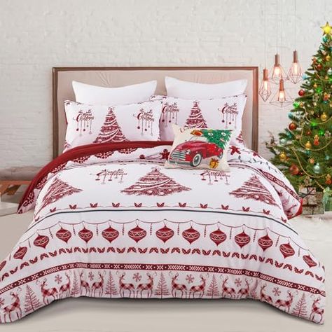 Christmas Duvet Cover Set Queen Reindeer Comforter Cover Set 3 Pieces Xmas Tree Bell Bedding Cover with Zipper Closure for New Year Holidy(1 Duvet Cover, 2 Pillow Shams) Festive Bedding, Holiday Bed, Christmas Duvet Cover, Christmas Duvet, Gingerbread Man Christmas, Luxury Bed Sheets, Winter Bedding, Christmas Festival, Christmas Bedding