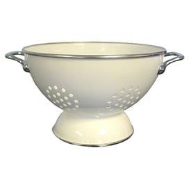 Five-quart steel colander in white.  Product: ColanderConstruction Material: Enamel on steelColor: WhiteDimensions: 11.5" H x 13.5" W x 11" DCleaning and Care: Hand wash Black Farmhouse Sink, Spice Garden, Kitchenware Shop, Cottage Inspiration, Beige Tile, Spice Cabinet, Bottle Rack, Cold Meals, Kitchen Utensils Gadgets