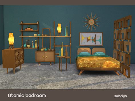 Atomic bedroom. The set has 4 color variations and includes 14 objects. Items in the set:  Found in TSR Category 'Sims 4 Adult Bedroom Sets' 1960 Bedroom, Atomic Age House, Sims 4 50s Furniture, Sims 4 70s Furniture, Sims 4 70s Cc, Sims 4 Retro Cc, 50s Furniture, Living Room Sims 4, Retro Bed