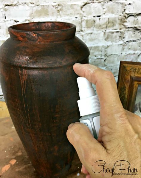 Painted Aged Rust Look on Home Decor | Cheryl Phan Diy Painted Vases, Tissue Paper Painting, Faux Wall, Vintage Makeover, Rust Dye, Faux Rust, Patina Paint, Faux Walls, Rust Paint