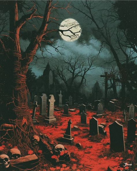 Haunted Graveyard, Helloween Wallpaper, Vintage Halloween Art, Image Halloween, Dark Fantasy Artwork, Halloween Facts, Cemetery Art, Horror Movie Art, Halloween Illustration