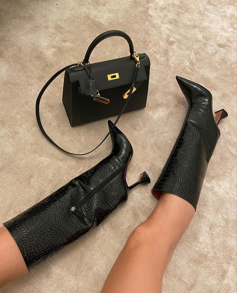 Gangsters Paradise, Genuine Leather Knee High Boots, Artsy Shoes, Bags Brands, Amina Muaddi Heels, Red Bottom Heels, Chic High Heels, Cute Luggage, Trendy Heels