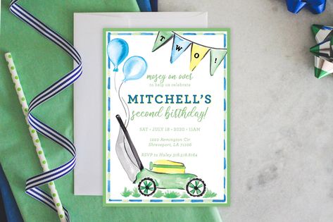 Mower Birthday Party, Lawn Mower Birthday Party, Lawn Mower Party, Bday Party Boy, Lawn Party, First Birthday Themes, Host Club, Party Needs, Birthday Party Invitation