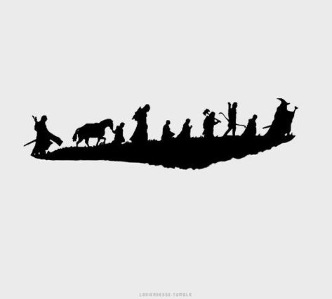 The Fellowship of the Ring Silhouette ... Boromir, Samwise Gamgee ... Hobbit Silhouette, Hobbit Tattoo Ideas, Fellowship Silhouette, Middle Earth Tattoo, Lord Of The Rings Tattoo Ideas, Lotr Tattoo Ideas, The Hobbit Tattoo, Hobbit Tattoo, Tolkien Tattoo