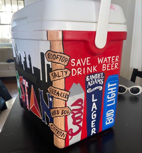 Save Water Drink Beer Cooler, Fraternity Coolers Ideas, Frat Cooler Mountain Weekend, Easy Frat Coolers Ideas, Painted Coolers For Guys Fraternity, Beta Cooler, Painted Coolers For Guys, Fiji Cooler, Painted Ice Chest