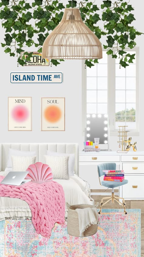 #roominspo Vsco Preppy Bedroom, Summery Room Ideas, Pink Beach Room, Coconut Room, Summer Room Ideas, Coastal Room Decor, Beachy Room Decor, Room Wishlist, Summer Room