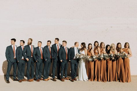 Phoenix Fall Wedding at The Icehouse - arraydesignaz.com Groomsman Terracotta, Terrocata Wedding Flowers, Terracotta Bridesmaid Dress With Groomsmen, Terrocata Color Palette Wedding, Wedding Color Schemes Groomsmen, Wedding Party Attire Color Schemes Fall, Terracotta Wedding Groomsmen Attire, Terracotta Bridesmaid Dresses With Groomsmen, Burnt Orange Tie Groomsmen