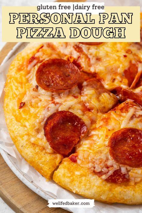 A gluten free personal pan pizza topped with pepperoni and cheese sitting on a white plate. Dairy Free Pizza Dough, Pan Pizza Dough, Personal Pan Pizza, Dairy Free Pizza, Gluten Free Crust, Pizza Dough Recipe, Gluten Free Recipes For Dinner, Deep Dish Pizza, Gluten Free Pizza