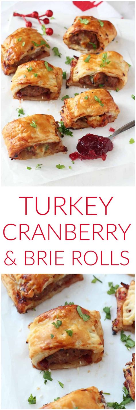 A delicious festive take on the classic sausage roll, made instead with turkey mince, cranberry sauce and brie. These mini pastry rolls will make a fantastic appetizer of party snack this Christmas! Cranberry And Brie, Mini Pastry, Pastry Rolls, Turkey Cranberry, Cranberry Brie, Christmas Buffet, Sausage Roll, Fingerfood Party, Party Snack