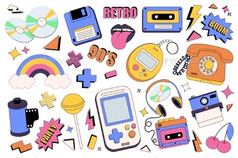 90s Retro Elements Vector Set 90s Illustration Retro, Flat Style Illustration, 90s Design Graphic, 90s Elements, 90s Illustration, 90s Items, 90s Graphic Design, Retro Elements, Game Font