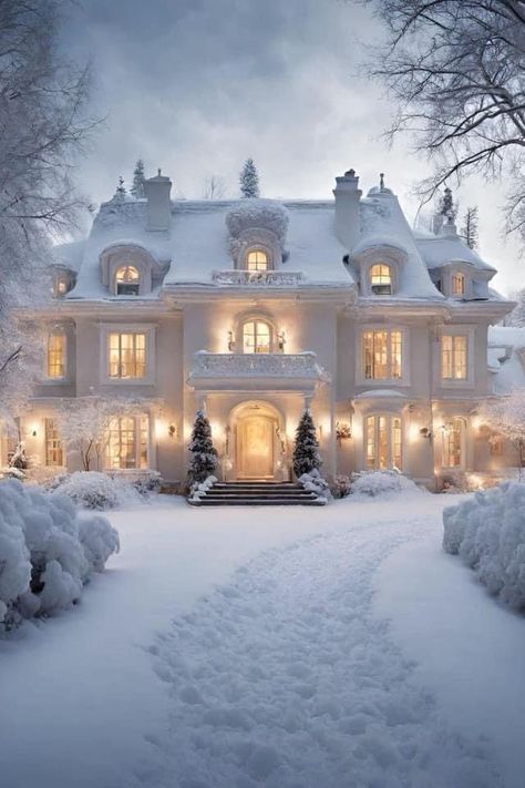 Christmas Mansion Exterior, Winter House Aesthetic, Mantle Aesthetic, Cozy Mansion, Houses In Snow, Cozy Winter House, Mansion Christmas, Snow Houses, Winter Homes