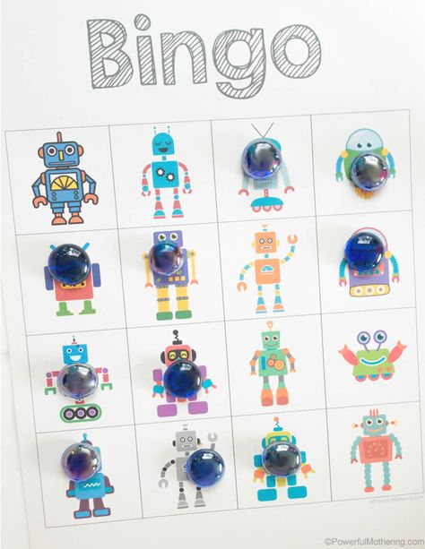 Free Printable Activities And Games Fun Indoor Games For Kids, Robot Activities, Robots Preschool, Robot Activity, Love Bingo, Bingo Games For Kids, Robot Craft, Robot Birthday Party, Robot Theme