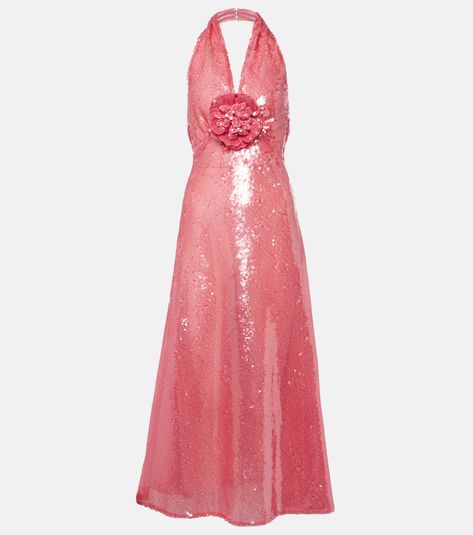 Floral-appliqué sequined midi dress in pink - Rodarte | Mytheresa Knitwear Style, Midi Dress Style, Silk Gown, Luxury Women Fashion, Silk Midi Dress, Satin Maxi Dress, Silk Maxi Dress, White Teeth, Pink Midi Dress