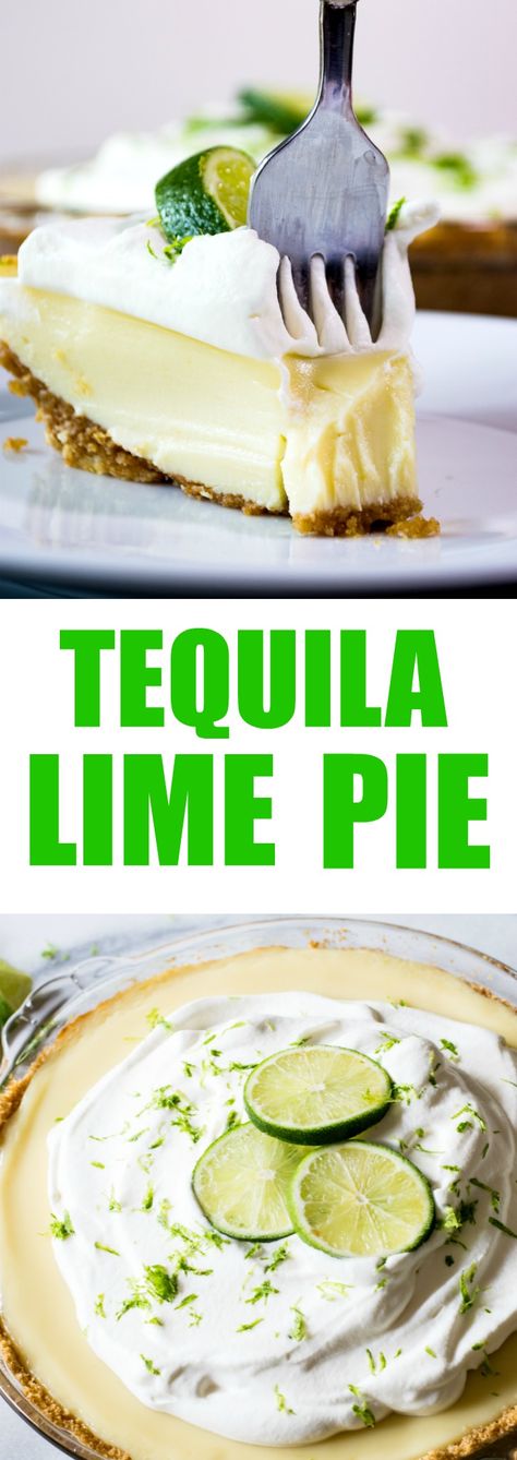 Tequila Lime Pie (and Recipe Video) Tequila Lime Pie! An ultra creamy, lime pie laced with a hint of tequila! Almost like enjoying a bite of margarita! Lime Custard, Margarita Pie, Dessert Board, Citrus Recipes, Lime Margarita, Lime Recipes, Boozy Desserts, Perfect Pies, Easy Entertaining