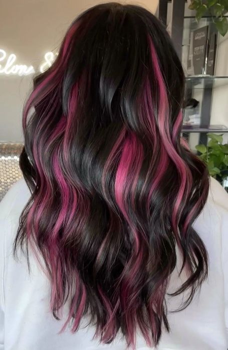 Red Tips For Hair, Highlights Back Hair, 2023 Colorful Hair, Highlights Of Color In Hair, Peekaboo Hair Color On Dark Hair, Brown Hair With Peek A Boo Highlights, Peekaboo Hair Color For Black Hair, Hair Color For Teens Girl, Cool Peekaboo Hair