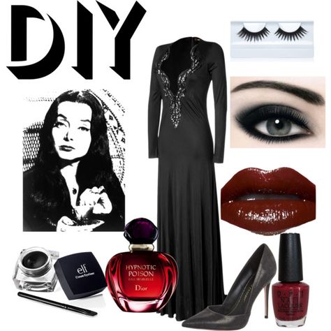 DIY Morticia Addams Costume by larastardust on Polyvore featuring Roberto Cavalli, Jean-Michel Cazabat, Gorgeous Cosmetics, OPI, Christian Dior, Halloween, contest, addamsfamily, DIYHalloween and MorticiaAddams Diy Morticia Addams Costume, Morticia Addams Dress, Morticia Addams Costume, Addams Dress, Dark Gothic Art, Making Cosmetics, Rare Pearls, Morticia Addams, Black Lips