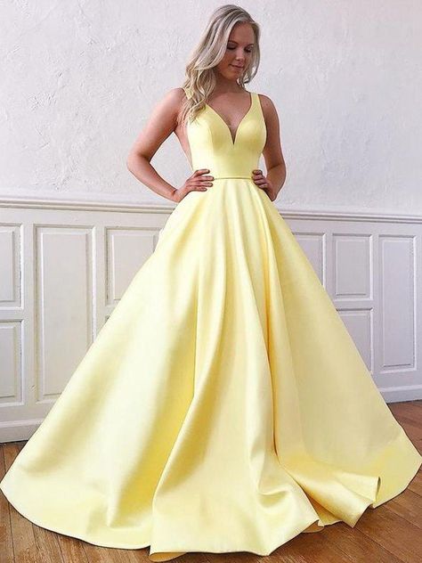 Yellow Satin Prom Dress, Yellow Formal Dress, Yellow Prom Dress, Yellow Prom, Sweep Train Prom Dress, White Ball Gowns, Prom Dresses Yellow, Yellow Satin, Graduation Dresses