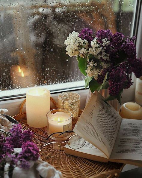 Cozy Purple Aesthetic, Spring Hygge Aesthetic, Cozy Spring Aesthetic, Cozy Core Aesthetic, Candles Aesthetic Cozy, Spring Hygge, Rainy Day Images, Coffee Books Rain, Spring Energy