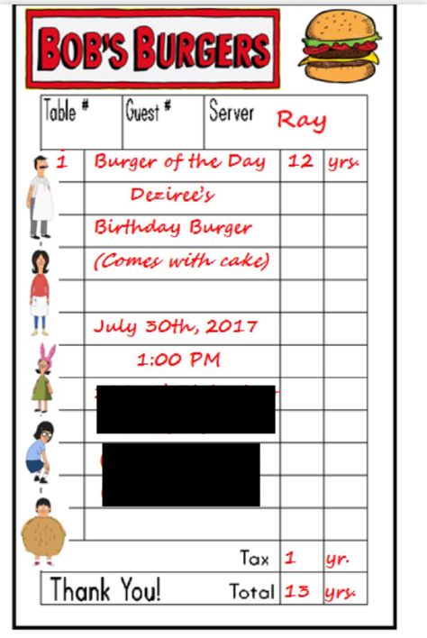 Bob's Burgers Receipt Birthday Invitation Bobs Burgers Party Decorations, Bobs Burger Birthday Party Ideas, Bobs Burgers Party Ideas, Burger Party Ideas, Bobs Burger Birthday, Bobs Burger Party, Bobs Burgers Birthday Party, Bobs Burgers Birthday, Burger Birthday Party