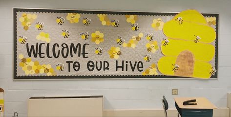 “Welcome to Our Hive” Bee Themed Bulletin Board Bee Hive Bulletin Board Ideas, Welcome To Our Hive Bulletin Board, Bee Hive Bulletin Board, Bee Theme Classroom Ideas, Bee Bulletin Board Ideas, Infant Classroom Decorations, Bee Theme Bulletin Board, Bee Bulletin Boards, Twin Angels