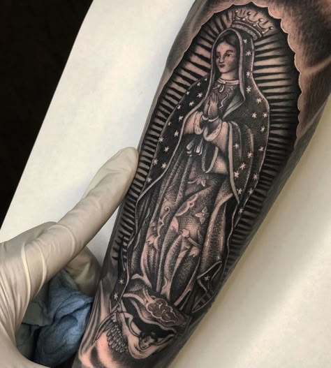 Virgen De Guadalupe Tattoo Ideas Forearm, Mexican Tattoo Sleeve, Virgin De Guadalupe Tattoo Ideas, Tattoo Ideas For Men Forearm Half Sleeves, Virgen De Guadalupe Tattoo Ideas, Mexican Skull Tattoos, Guadalupe Tattoo, Grey Ink Tattoos, Catholic Tattoos