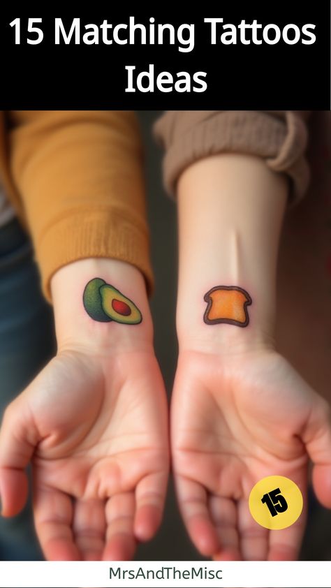 Matching Tattoos Ideas,Friends showing off complementary food tattoos on their wrists Matching Tattoos Ideas, Couple Matching Tattoos, Matching Tattoo Ideas, Matching Quotes, Couple Matching Tattoo, Braided Friendship Bracelets, Food Inspired, Couple Tattoo, Cute Avocado