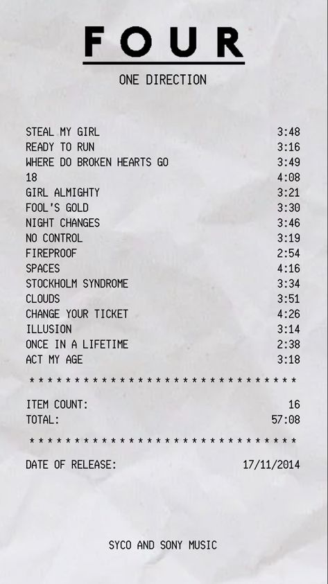 One Direction Receipt, Song Albums, 1d Posters, 1d Albums, Album Receipts, Album Receipt, Four One Direction, One Direction Albums, Closet Wall