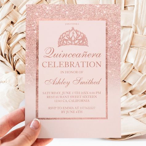 $2.8 | Rose gold glitter tiara elegant chic Quinceañera I - quinceanera, quinceanera, 15th birthday, luxurious gold design, rose gold glitter, blush pink, gold shower, faux gold glitter, fifteen, crown princess tiara Budget Quinceanera, Glitter Blush, Rose Gold Ombre, Surprise Birthday Invitations, Girly Birthday, Quince Invitations, Budget Party, Pink Sparkles, Gold Shower