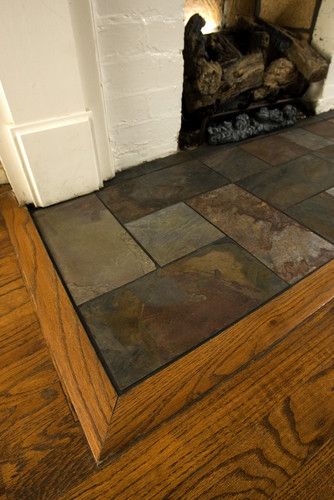 Fireplace Hearth Design, Pictures, Remodel, Decor and Ideas Fireplace Hearth Tiles, Hearth Tiles, Beamed Ceilings, Slate Fireplace, Traditional Family Room, Slate Hearth, Craftsman Style Homes, Slate Flooring, Fireplace Hearth