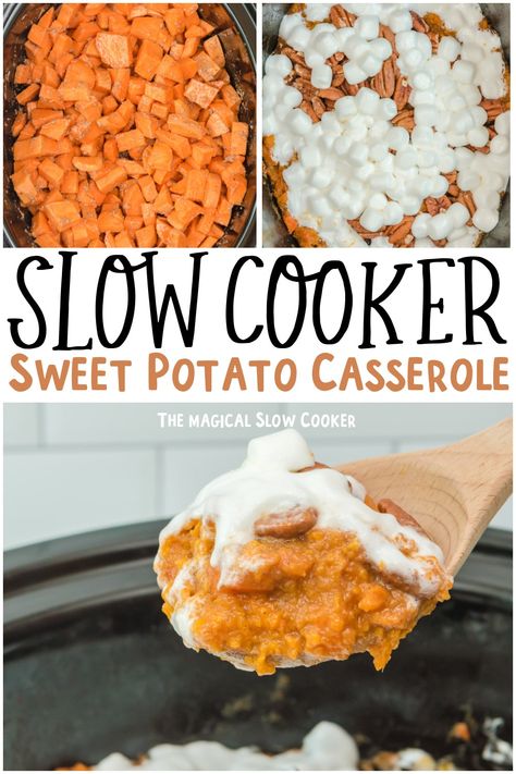 Slow Cooker Sweet Potato Casserole Slow Cooker Sweet Potato Casserole, Sweet Potato Casserole Crock Pot, Crock Pot Sweet Potatoes, Slow Cooker Sweet Potatoes, Sweet Potato Souffle, Cubed Sweet Potatoes, Sweet Potato Recipes Casserole, Sweet Potato And Apple, Crock Pot Slow Cooker