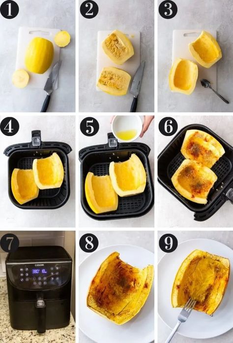 a collage picture for steps how to make spaghetti squash in an air fryer How To Cook Spaghetti Squash In Airfryer, Spaghetti Squash Recipes How To Cook In Air Fryer, Speggetti Squash Air Fryer, Spagetti Squash Recipes Air Fryer, Spaghetti Squash Recipes Air Fryer, Air Fryer Spaghetti Squash Recipes, Spaghetti Squash In Air Fryer, Air Fryer Spaghetti Squash, Air Fryer Spaghetti