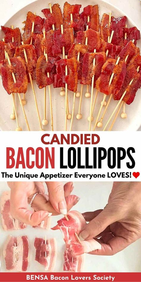 These brown sugar candied bacon lollipops on wooden sticks are the tastiest appetizer. Your guests will love the fun presentation and delicious flavor of these bacon skewers, perfect for parties, brunch, holidays and game day. Candied Bacon On A Stick, Bacon Lollipops, Bacon On A Stick, Bacon Skewers, Lollipops Recipe, Bridesmaids Brunch, Bacon Recipes For Dinner, Yummy Appetizers Parties, Lovers Society