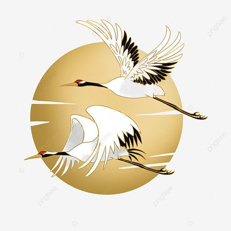 White Crane Painting, Good Earth Prints, Flying Birds Painting, Crane Drawing, Flying Crane, Moon Png, Animal Tattoo Ideas, Gold Art Painting, White Crane