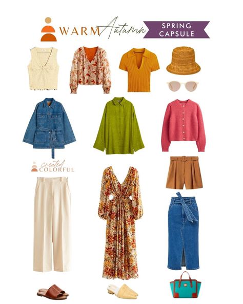 Warm Autumn Spring Outfits, True Autumn Spring Outfits, Warm Autumn Palette Outfits, Warm Autumn Summer Outfits, True Autumn Summer Outfits, Warm Spring Wardrobe, Warm Autumn Outfits For Summer, Warm Autumn Summer Capsule, Colorful Knitted Fall Cardigan