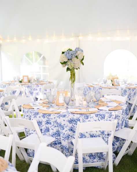 Am I obsessed? That’d be an understatement. 🤩 Taylor and Bobby’s lakeside tent wedding was transformed into a luxurious backyard celebration, with stunning blue and white vibes, charming Belle Fleur Duke Blue linens, blue goblets and textured rattan accents. 🤍💙 A dream come true! 🫶🏽 @mariamckenziephoto @bleubouquet_ @aclassicpartyrental @taaylorhansonblock @lisavanhorton_weddings #coastalgrandmother #blueandwhitewedding #bluetoile #hydrangeawedding #coastalgranddaughter #luxurytentw... Blue And White Summer Wedding, Blue Goblets, Rattan Accents, Luxurious Backyard, White And Blue Pattern, Backyard Celebration, Hydrangeas Wedding, Nancy Meyers, Blue Toile