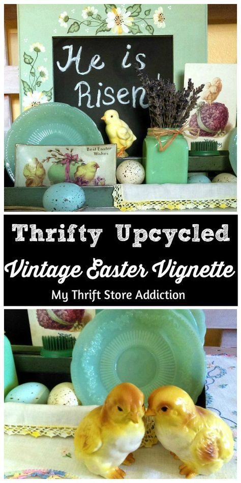 Vintage Spring Aesthetic, Color Palette Vintage, Vintage Spring Decor, Upcycled Thrift, Spring Mantle Decor, Vintage Easter Decor, Spring Mantle, Thrift Store Decor, Spring Decor Diy