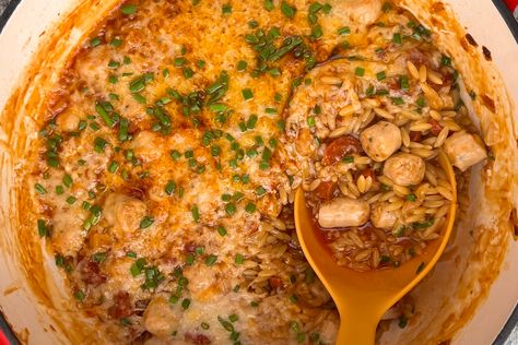 Chicken and Chorizo Orzo One Pan Bake Chorizo Orzo, Sausage Burgers, Chicken And Chorizo, Fodmap Friendly Recipes, Chicken Bone Broth, Fodmap Friendly, Chicken Bones, Orzo Pasta, One Pan