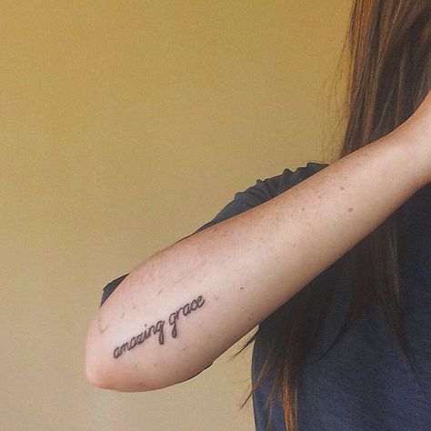 Second tattoo || amazing grace (how sweet the sound) Amazing Grace Tattoo, Grace Tattoo, Grace Tattoos, Bible Tattoos, C Tattoo, Incredible Tattoos, Face Mug, Sister Tattoos, Art Tattoos