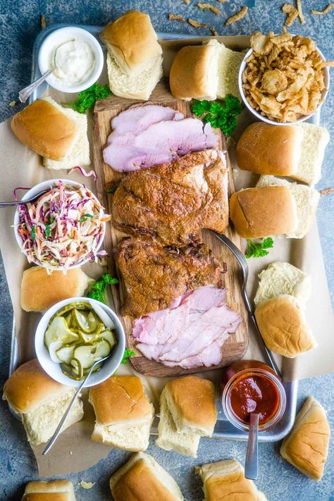 Pork slider bar or slider board is a great way to serve pork sliders with all the fixins. Let your guests customize their sliders. #porksliders #sliderboard # Build Your Own Slider Bar, Pulled Pork Bar, Sliders Board, Slider Board, French Fried Onion Recipes, Bbq Pulled Pork Sliders, Fried Onions Recipe, Pulled Pork Sliders, Hearty Snacks