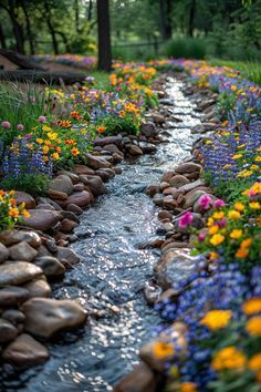 Garden With Stream, Nature Path Aesthetic, Cottage Garden Water Features, Natural Flower Garden, Water Stream Aesthetic, Backyard Creek Ideas, Natural Landscape Ideas, Fun Landscaping Ideas, Fairy Garden Landscaping