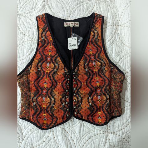 Free People Orange Vest Medium Nwt Orange Main Color With Black Lining And Details Some Yellow And Light Blue Flowers/Designs Hooks Used For Closure Mirage Aesthetic, Thrift Fits, Free People Vest, Women's Vests, Light Blue Flowers, Free People Jacket, Botanical Pattern, Aesthetic Outfits, Womens Vest