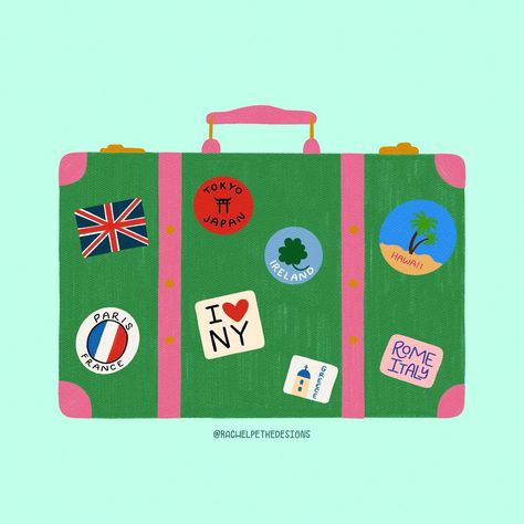 Where in the world would you like to go?! Just some of the places I look forward to visiting one day! 🧳 . Suitcase for #doodleadaymay by @ellolovey . #femaleillustrators #ladieswhodesign #designdaily #womenofillustration #creativewomen #womenwhodraw #procreatedrawing #procreateartists #procreateillustration #procreateart #illustrationartists #creativewomencommunity #creativecommunity #artistsoninstagram #graphicdesign #graphicdesigner #digitalart #digitalartist #connecticutdesigners Suitcase With Stickers, Suitcase Drawing, Suitcase Illustration, Illustration Job, Travel Doodle, Paper Doll House, Art Invitation, Create Drawing, Travel Illustration