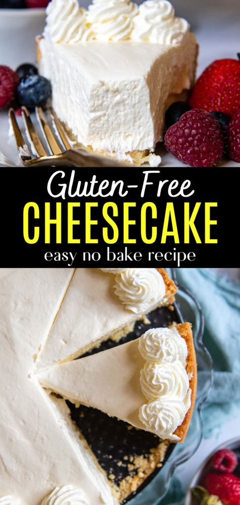 No Bake Gluten-Free Cheesecake (No Fail Recipe!) Easy Gluten Free Cheesecake, Gluten Free Cheesecake Crust, Gluten Free Cheesecake Recipes, Dairy Free Cheesecake, Gluten Free Graham Crackers, Gluten Free Crust, Easy Gluten Free Desserts, Gluten Free Cheesecake, Gluten Free Pie